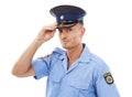 Security, cop and portrait of police on a white background for authority, leadership and justice. Law enforcement