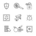 Security and cybersecurity icons thin line art set