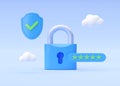 Security 3d shield illustration - clouds, protect object and render lock with password label. Guard icon, access signs