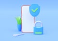 Security 3d shield illustration - key, protect object and render lock with phone. Guard icon, cellphone protection