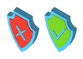 Security 3D Shields. Armor isometric plate. Symbol of security and protection. Check mark icons. Green tick and red cross