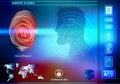 Security data access with human biometric identification. Background with man in silhouette profile with red fingerprint