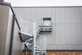 Security exit. Metal doors and stairs. Building facade and architecture