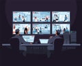 Security guard characters monitoring cctv video footage on computer screen, flat vector illustration. Security room. Royalty Free Stock Photo