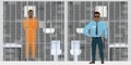 Security guard and jailed man in prison cell. Lawbreaker or offender in prison uniform. Cartoon robber behind bars, policeman near