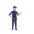 Security guard man in black uniform point to something police officer male cartoon character full length flat isolated