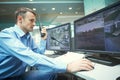 Security worker during monitoring. Video surveillance system. Royalty Free Stock Photo