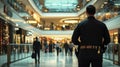 Security guard observing busy shopping mall interior with shoppers Royalty Free Stock Photo