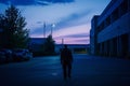 security guard patrolling the complex at dusk