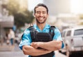 Security guard, safety officer and happy portrait of man outdoor to patrol, safeguard and watch. Professional Asian male