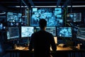 Security guard in surveillance room. Man in surveillance room. Security guard in surveillance room, Software engineer utilizing a