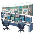 Security guards in surveillance room with computers and monitors. Vector illustration. AI Generated