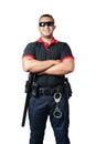 Security guards wearing black glasses.stand with arms crossed with rubber batons and handcuffs on tactical belts. on a isolated