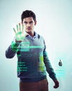 Security Hologram, Biometric Fingerprint And Man With Handprint Password For Business Identity Check. Holographic