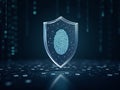 Digital Shield With Fingerprint Scan Floating Over Binary Code Online Security Background