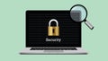 Security illustration with padlock and laptop magnifying glass