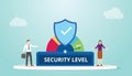 Security level concept with secure badge and people team work together with modern flat style