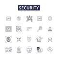 Security line vector icons and signs. Guard, Safekeeping, Shield, Safeguard, Lock, Defense, Warrant, Fortify outline