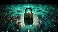 Security lock on computer circuit board, computer security concept Royalty Free Stock Photo
