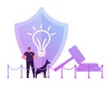 Security Man Wearing Sunglasses and Dark Clothing Stand with Doberman Dog at Huge Shield with Icon of Glowing Light Bulb