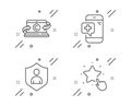 Security, Medical phone and Copywriting notebook icons set. Ranking star sign. Vector