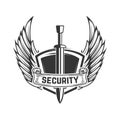 Security. Medieval sword with wings. Design element for logo, label, emblem, sign, badge.