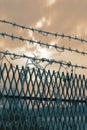 Security mesh metal fence with barbed razor wire on a frosty morning.