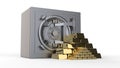 Security metal safe with Gold bars pyramid 3D rendering Royalty Free Stock Photo