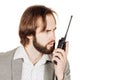 Security officer communicating through his walkie talkie. Royalty Free Stock Photo