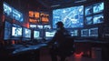 Security officer monitors multiple surveillance screens in high-tech control room with advanced computer systems and data analysis