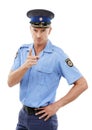 Security, officer and portrait of police point on white background for authority, leadership and safety. Law enforcement