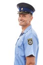 Security, officer and portrait of police with smile on white background for authority, leadership and pride. Law