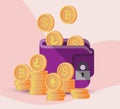 Security of online currency. Different cryptocurrency coins flying into wallet with padlock on color background, illustration