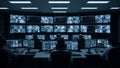 Security Operators Monitoring Multiple Surveillance Feeds in a High-Tech Control Room Royalty Free Stock Photo
