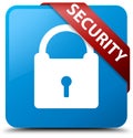 Security (padlock icon) cyan blue square button red ribbon in co