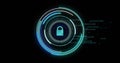 Security padlock icon over blue neon round scanner against black background Royalty Free Stock Photo
