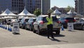 San Diego CA USA - January 27 2020: Security directs traffic entering Covid-19 vaccination superstation at Petco Park