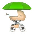 Security and protect for baby. Baby pushchair under umbrella, 3D rendering