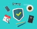 Security protection concept shield on working desk business table vector flat lay, web virus digital attack or guard internet idea