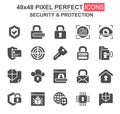 Security and protection glyph icon set. Password, padlock, fingerprint, retina scan, firewall, bug, shield unique icons