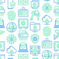 Security and protection seamless pattern with thin line icons: mobile security, fingerprint, badge, firewall, face ID, secure