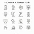 Security and protection thin line icons set: mobile security, fingerprint, badge, firewall, face ID, secure folder, surveillance