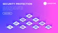 Security and protection web page template thin line isometric icons: mobile security, fingerprint, badge, firewall, face ID,