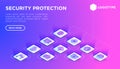 Security and protection web page template thin line isometric icons: mobile security, fingerprint, badge, firewall, face ID, Royalty Free Stock Photo