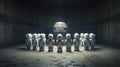 Security Robots Huddle In Dark Concrete Room