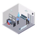 Security room in airport, railway or bus station isometric vector concept