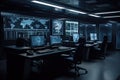 Security room with computers and monitors on the wall. Generative AI