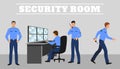 Security room and working guards. Vector concept