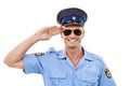 Security, salute and face of police smile on white background for authority, public safety and service. Community