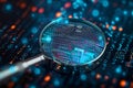 Security scrutiny Biometrics authentication technology under magnifying glass, binary code